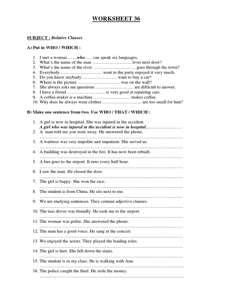 Relative Clauses Worksheet 36 | PDF | Home & Garden