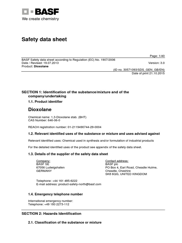 Safety Data Sheet Dioxolane PDF Dangerous Goods Toxicity