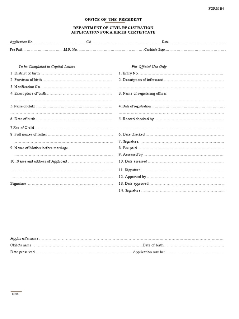 Kenya Birth ApplicationBirthCertificate FormB4 PDF PDF Government And Personhood Government