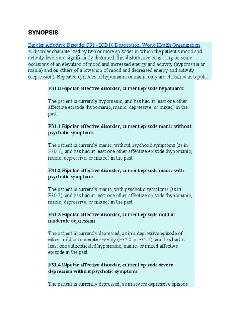 Synopsis: Bipolar Affective Disorder F31 - ICD10 Description, World