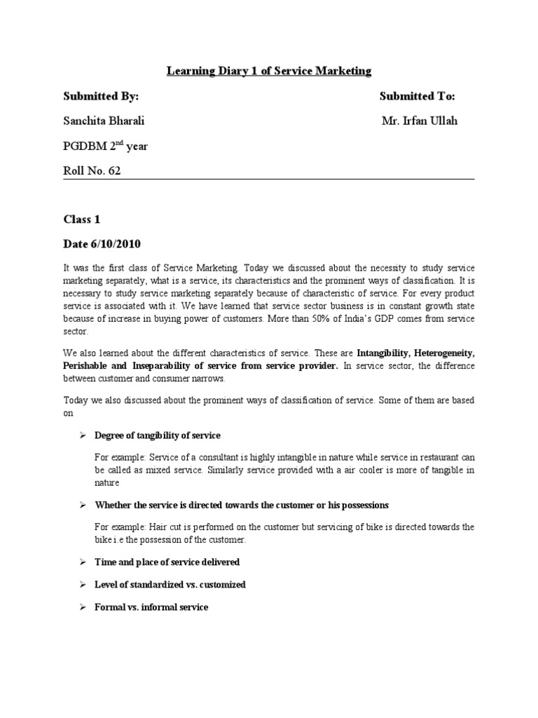 Service Marketing Learning Diary | PDF