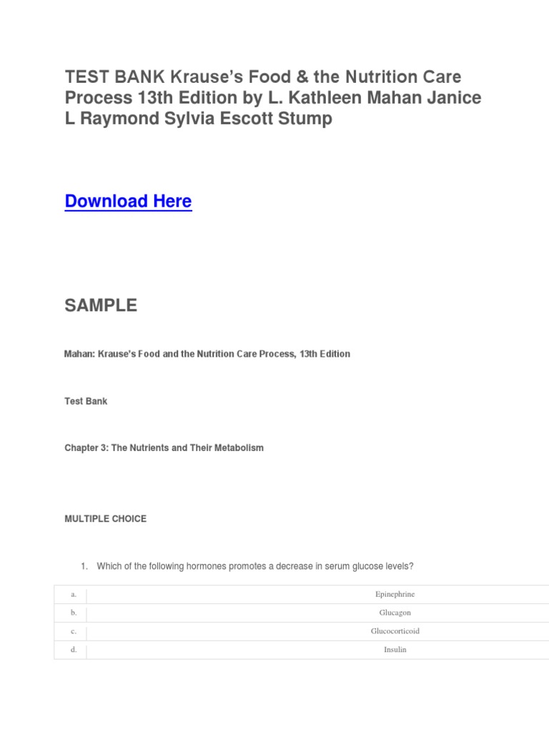 TEST BANK Krause's Food & The Nutrition Care Process 13th Edition by L