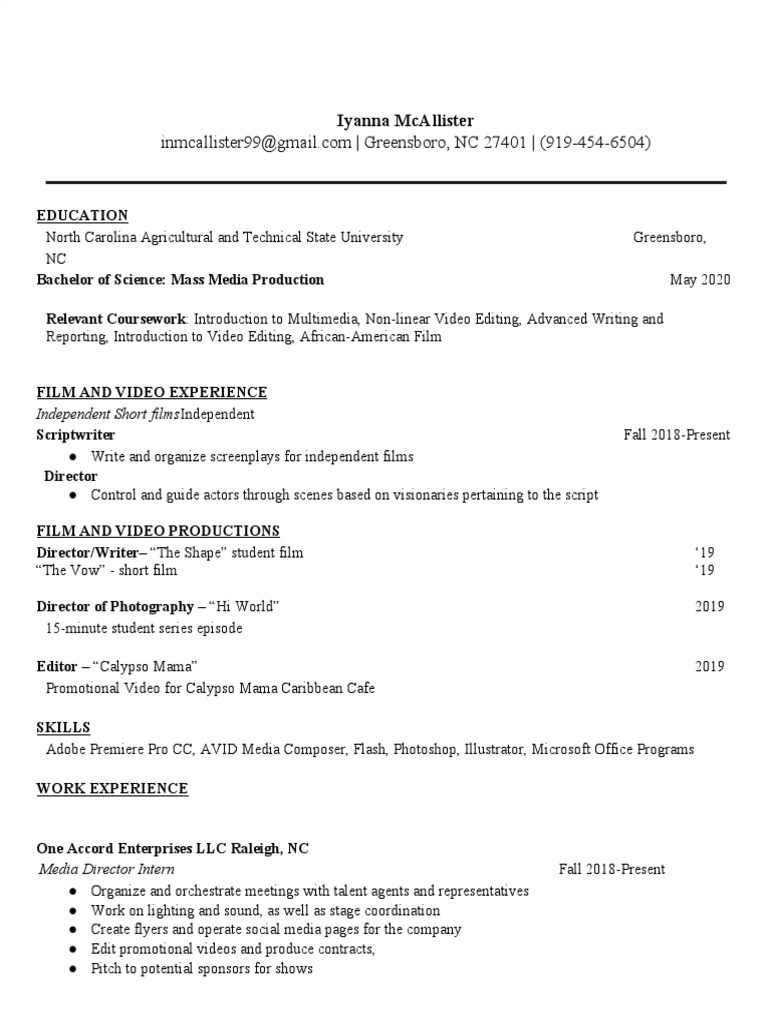 NCAT Resume 1 2 PDF Media Technology Mass Media