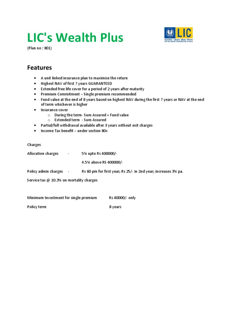 LIC Wealth Plus Plan Overview | PDF | Insurance | Investing