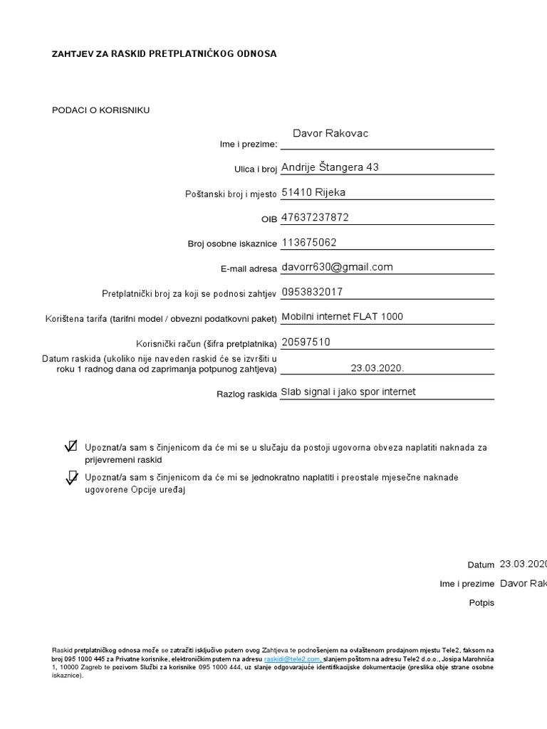 TELE2 OBRAZAC ZA RASKID UGOVORA-Davor Rakovac PDF | PDF