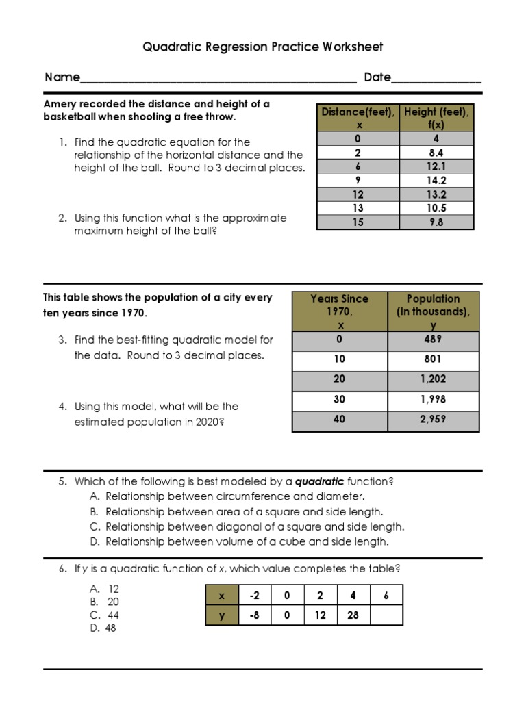Quadratic Regression Practice Worksheet Mathematical Concepts Teaching Mathematics