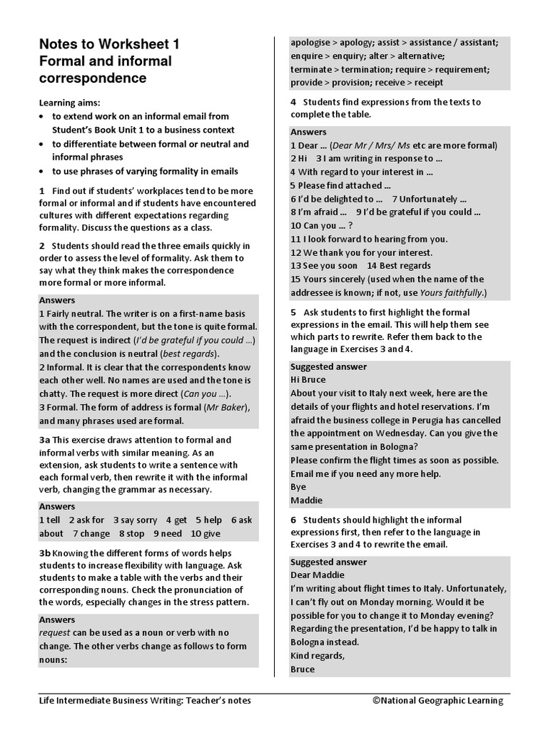 Notes To Worksheet 1 Formal and Informal Correspondence Request Can Be