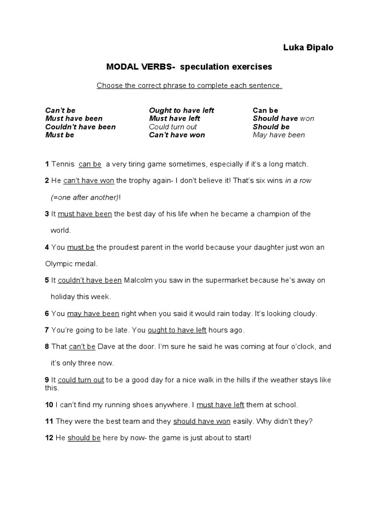 Modal Verbs of Speculation Exercises | PDF | Language Arts & Discipline