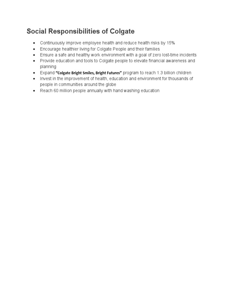 Colgate's Commitment to Social Responsibility | PDF | Wellness | Lifestyle