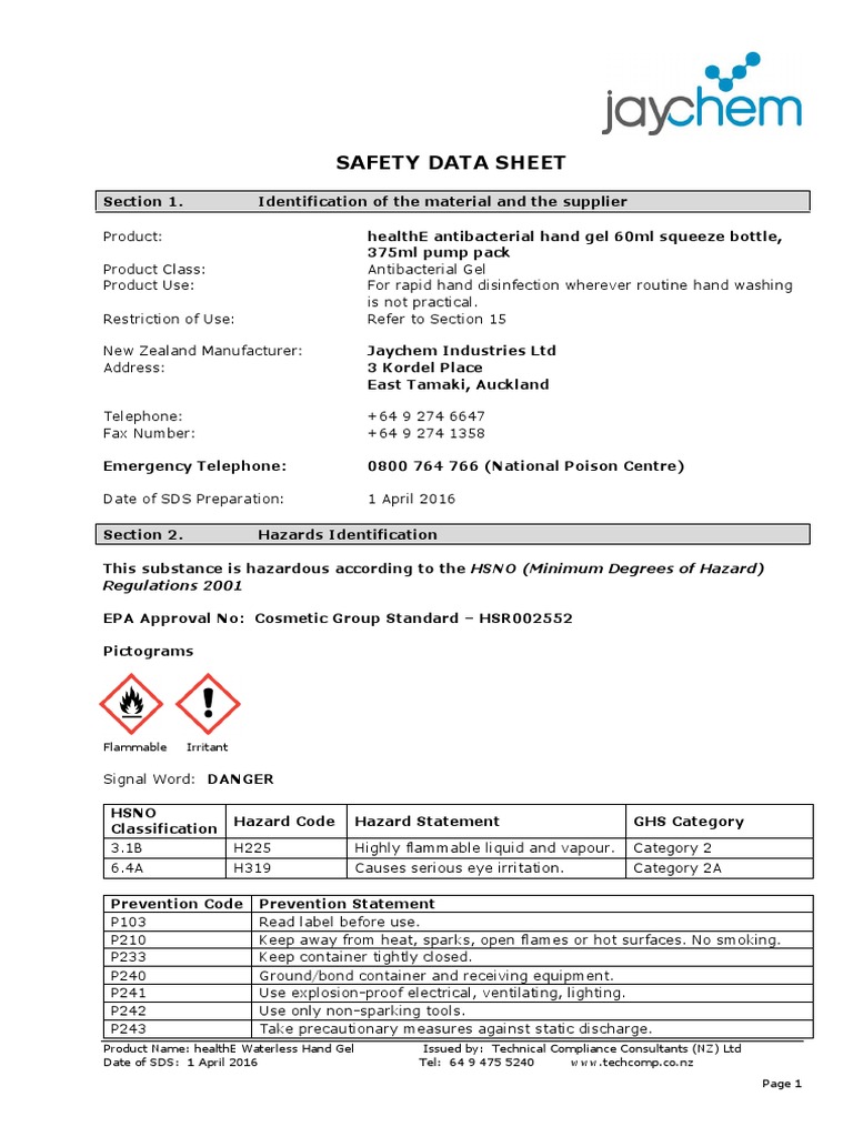 Antibacterial Hand Sanitiser Gel MSDS 0416 | PDF | Dangerous Goods ...