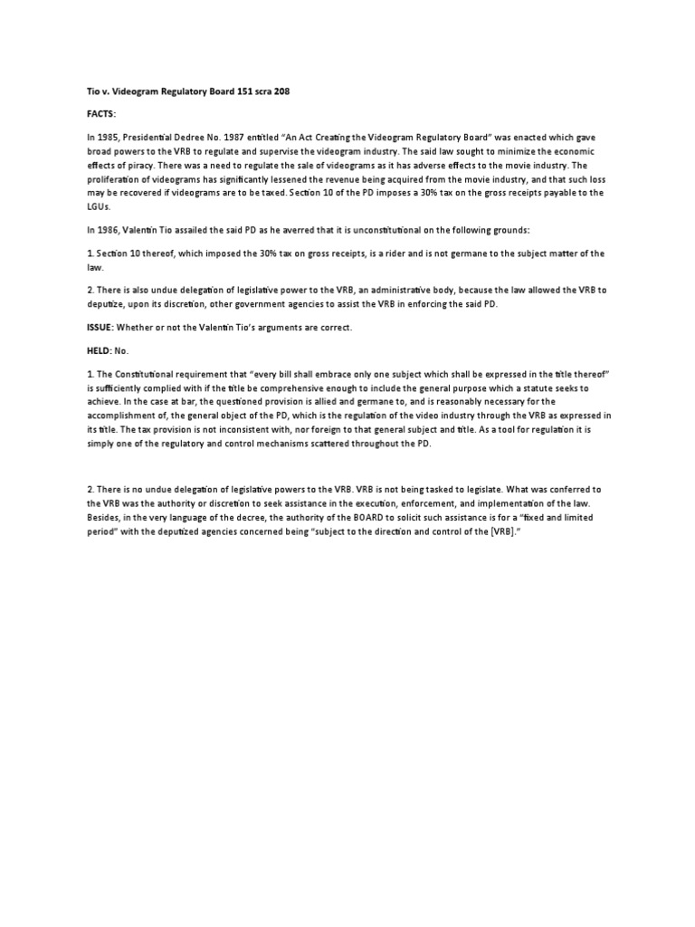 Tio v. Videogram Regulatory Board Summary | PDF