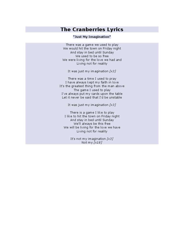 The cranberries lyrics just my imagination pdf christian worship