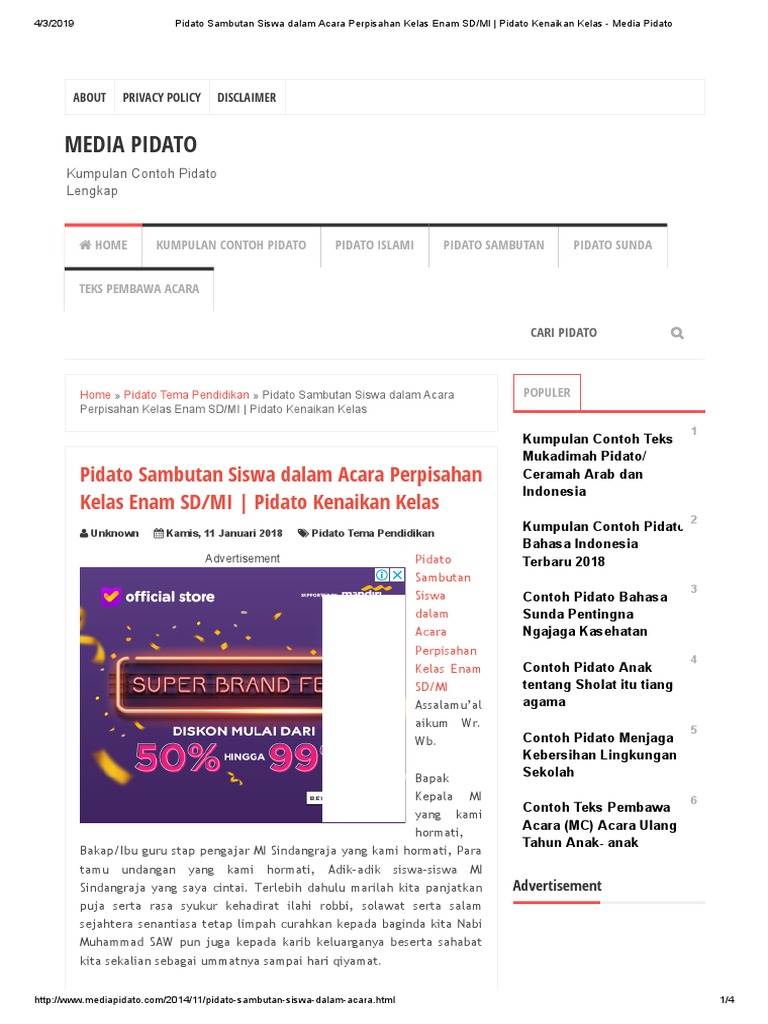 Pidato Sambutan Siswa Dalam Acara Perpisahan Kelas Enam Sd Mi Pidato Kenaikan Kelas Media Pidato Pdf