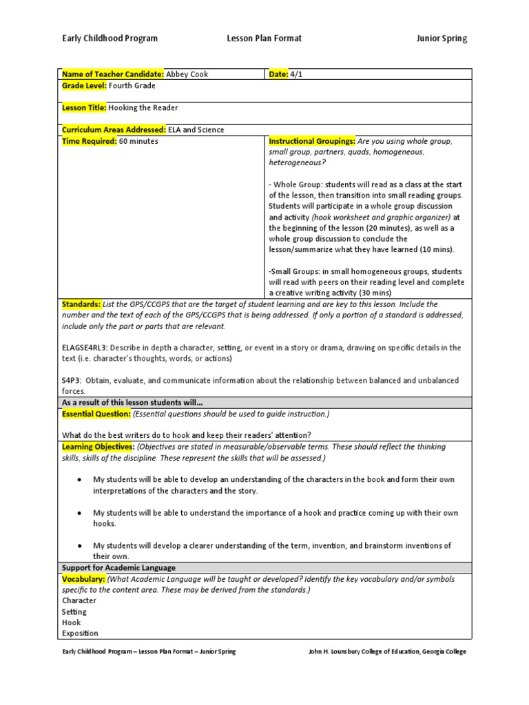Early Childhood Program Lesson Plan Format Junior Spring | PDF ...