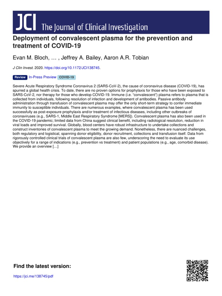 Deployment of Convalescent Plasma For The Prevention and Treatment of ...