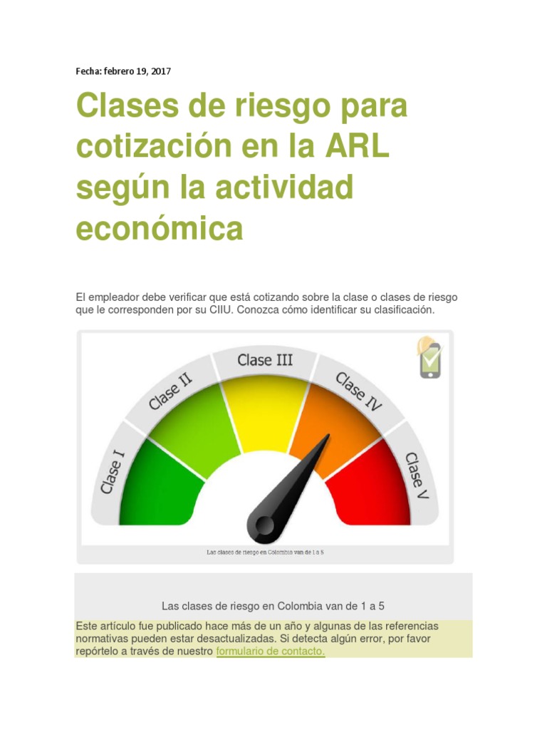 Clases de Riesgo para Cotización en La ARL Según La Actividad Económica