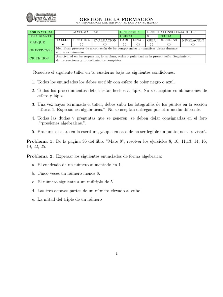 Taller de Expresiones Algebraicas 8° | PDF