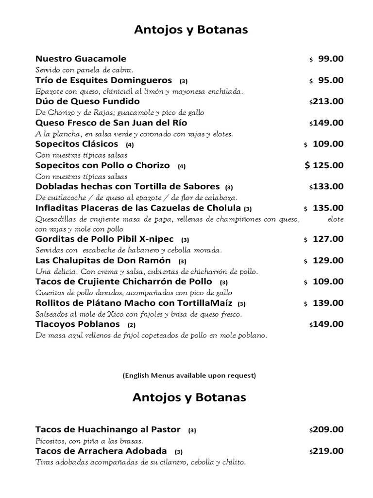 Menuespañol | PDF | Cocina mexicana | Ingredientes de comida