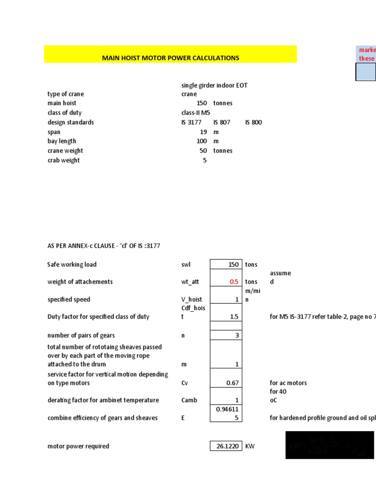 Main Hoist Motor Power Calculations PDF Crane (Machine) Machines