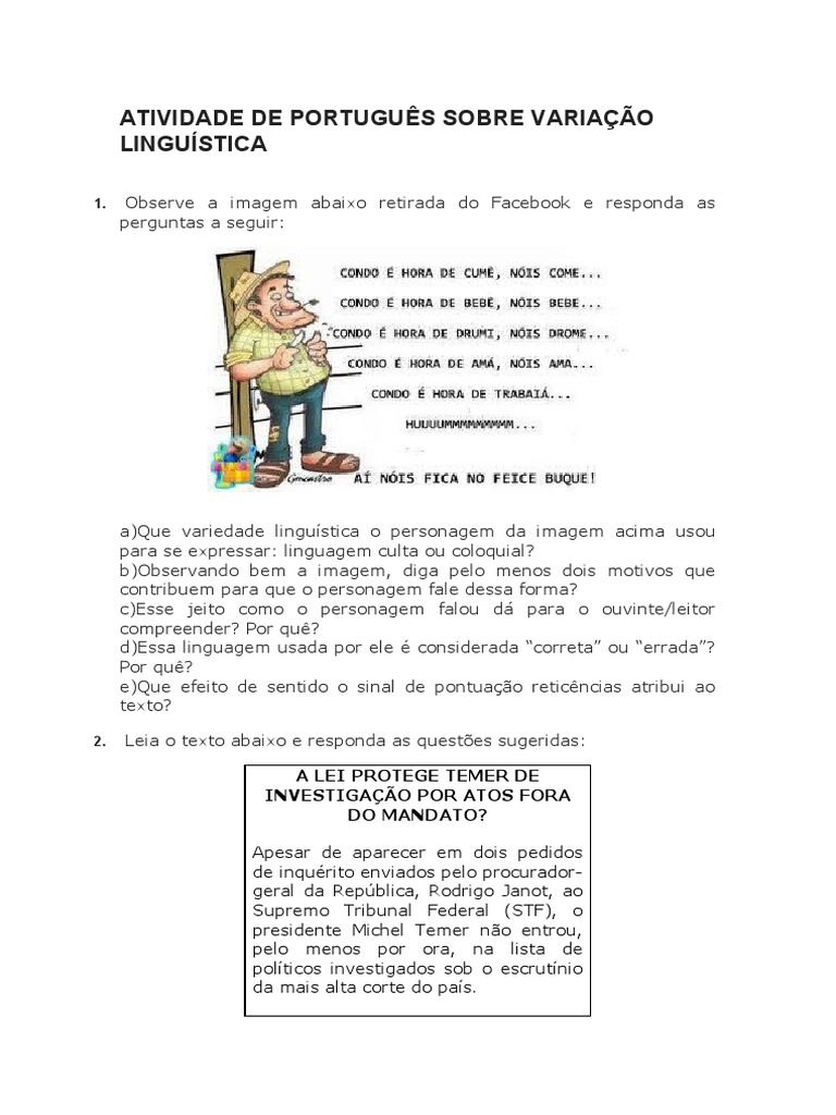 ATIVIDADE DE PORTUGUÊS SOBRE VARIAÇÃO LINGUÍSTICA | Língua Portuguesa ...