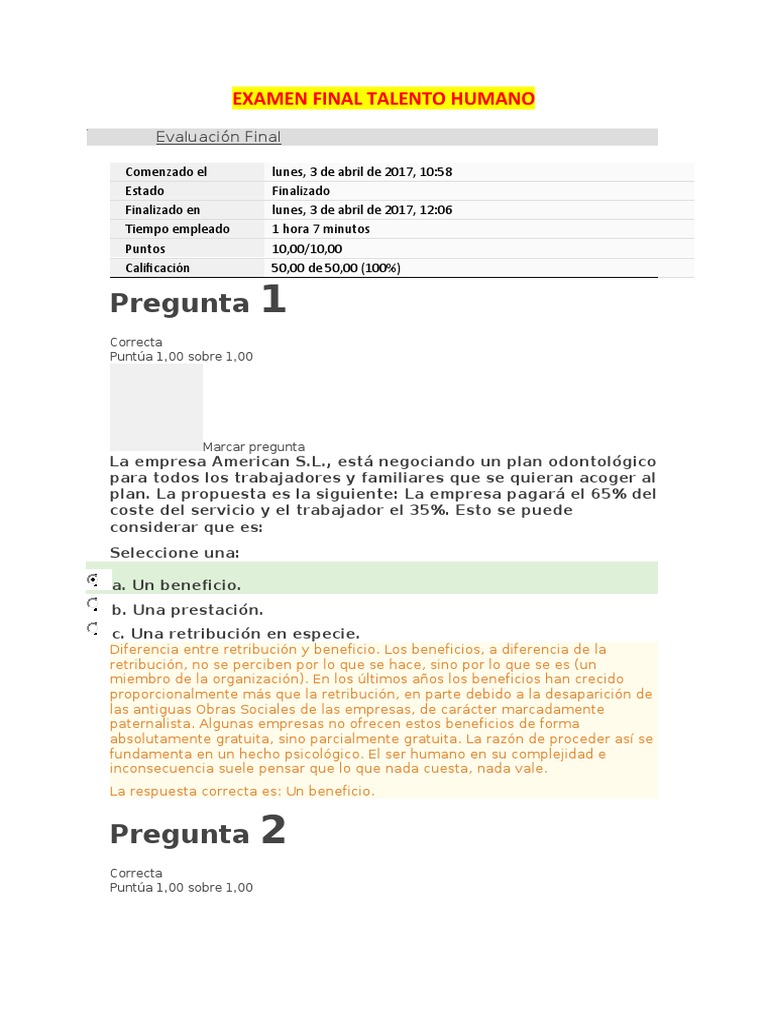 Examen Final Talento Humano | PDF | Gestión de recursos humanos | Economias
