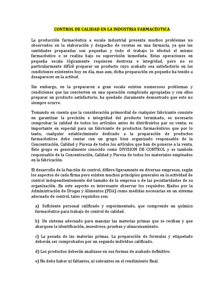 Control de Calidad en La Industria Farmacéutica | PDF | Farmacia ...