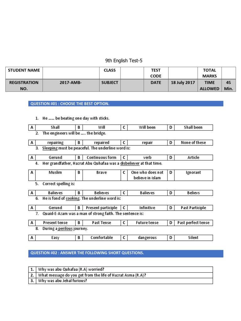 9th Class English Test Paper | PDF | Question | Grammar