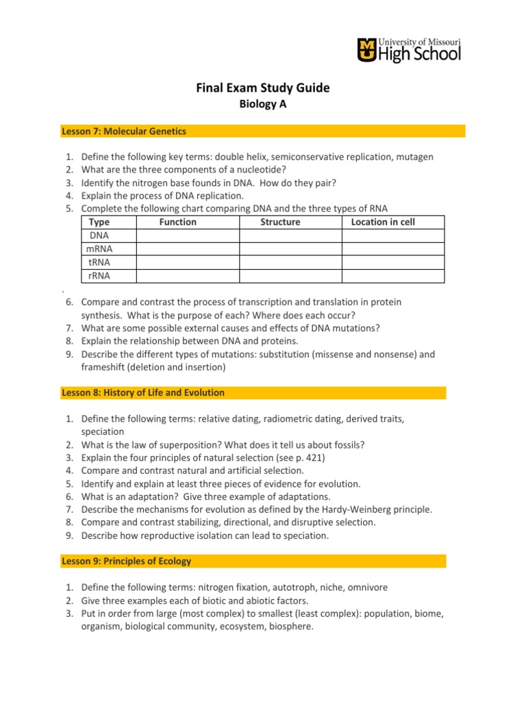 9th Grade Biology Final Exam Guide | PDF | Ecosystem | Dna