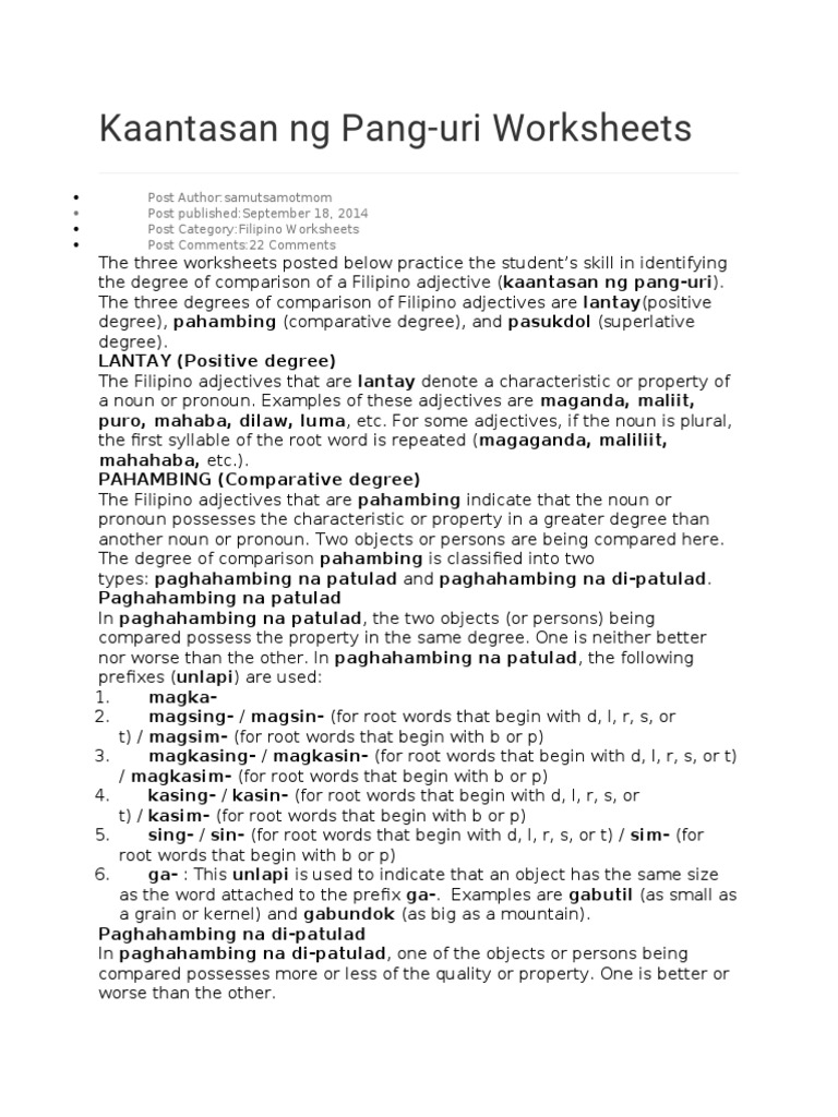 Kaantasan Ng Pang Uri Worksheets Adjective Noun