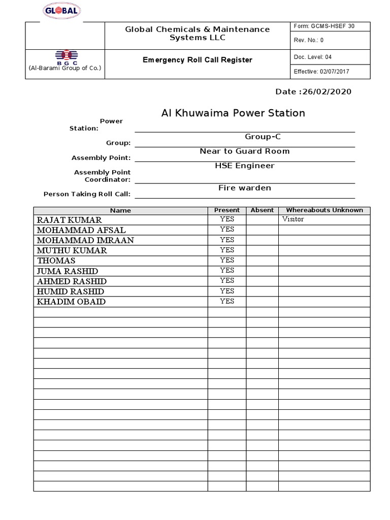 Emergency Roll Call Register Template | PDF