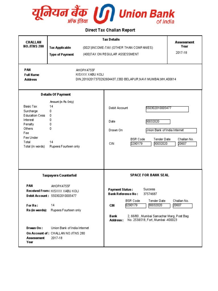 Income Tax Payment Receipt 2017-18 | PDF