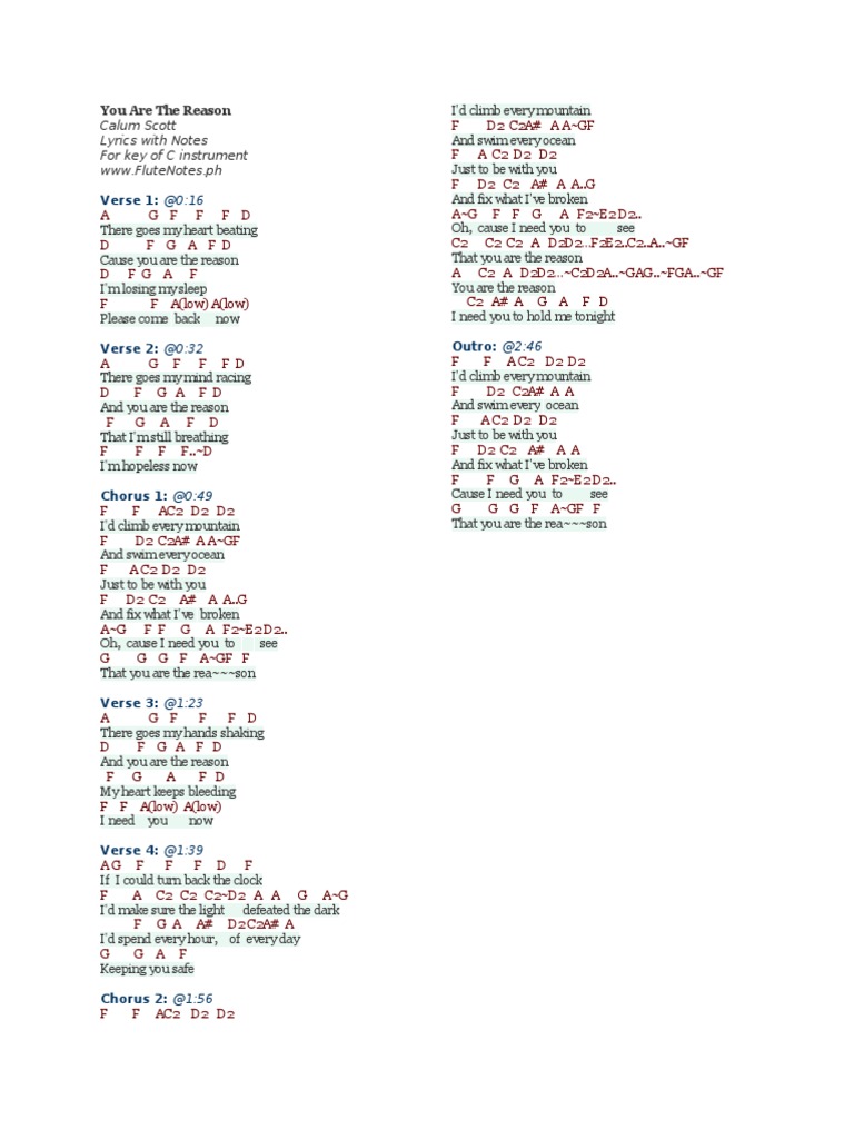 Verse 1 016 Calum Scott Lyrics With Notes For Key of C Instrument