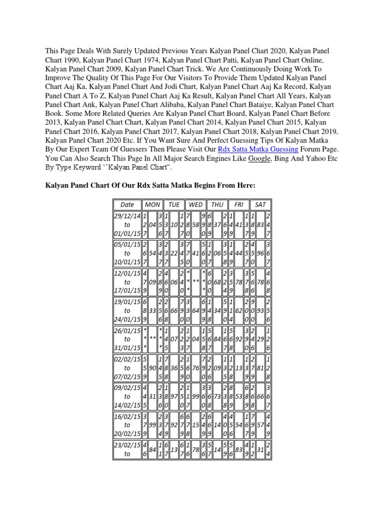Kalyan Panel Chart 2014 To 2020 PDF Search Engine Optimization