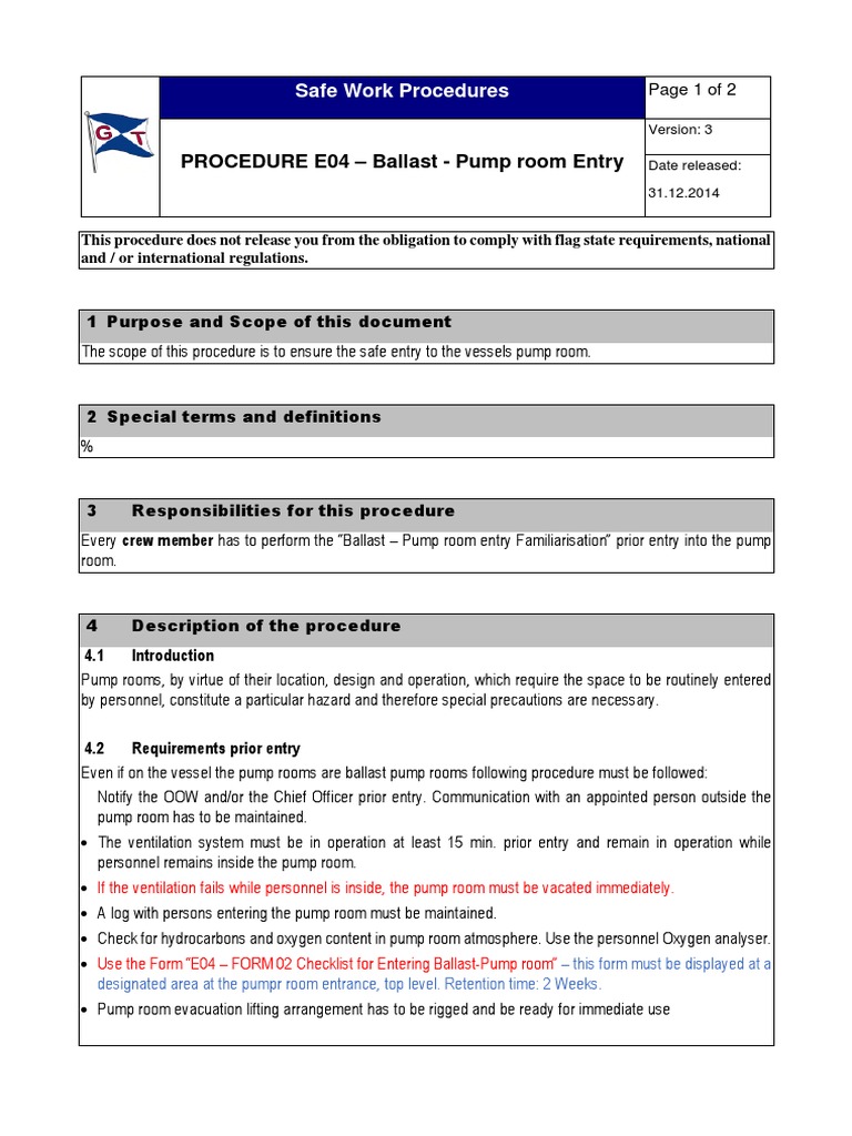 PROCEDURE E04 Ballast Pump Room Entry Safe Work Procedures PDF