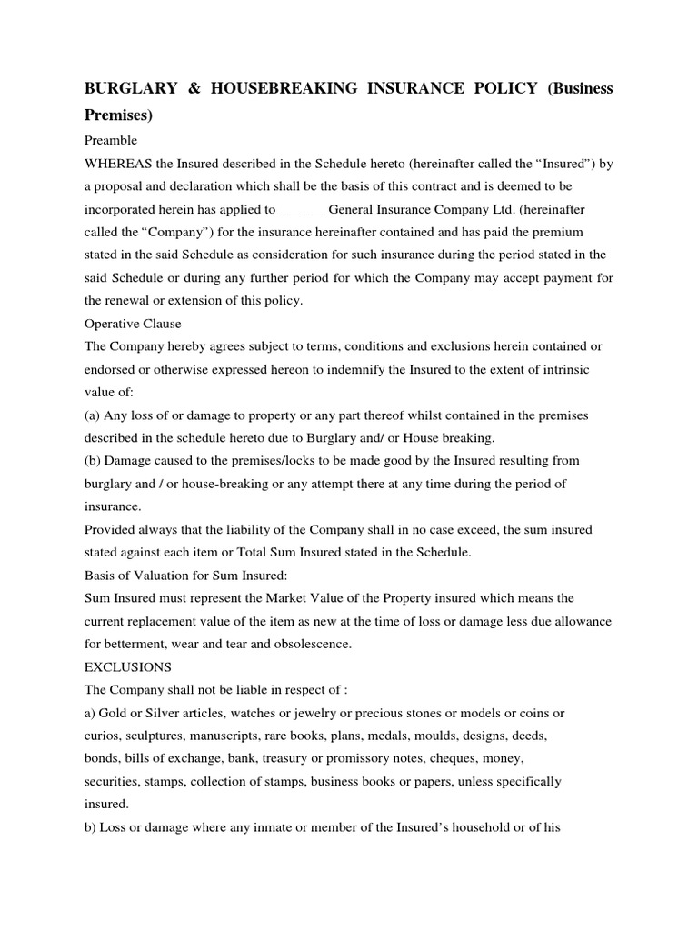Burglary & Housebreaking Insurance Policy (Business Premises ...