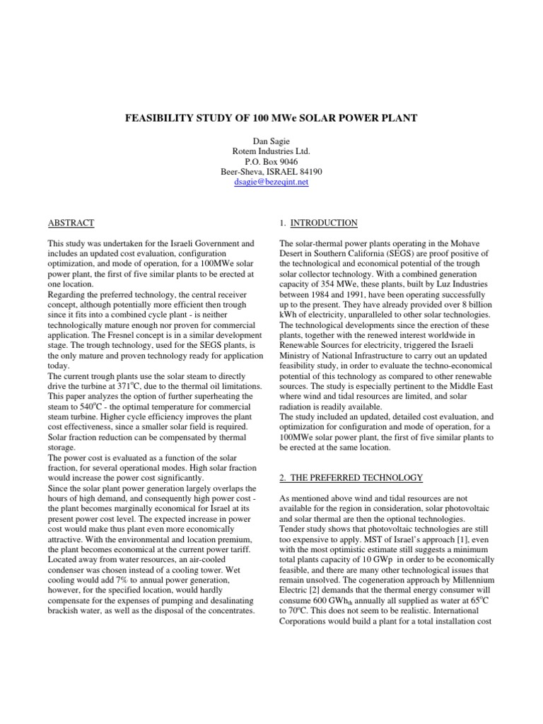 Feasibility Study: 100MWe Solar Plant | PDF | Solar Power | Steam