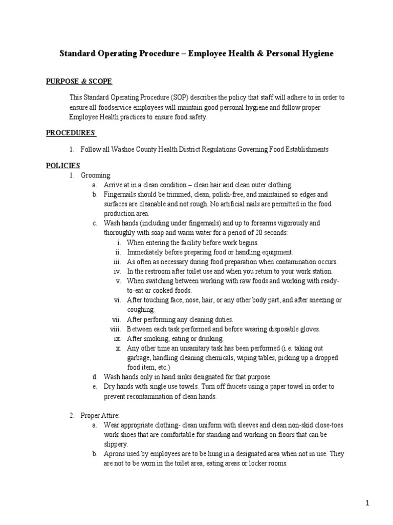 Standard Operating Procedure - Employee Health & Personal Hygiene | PDF ...