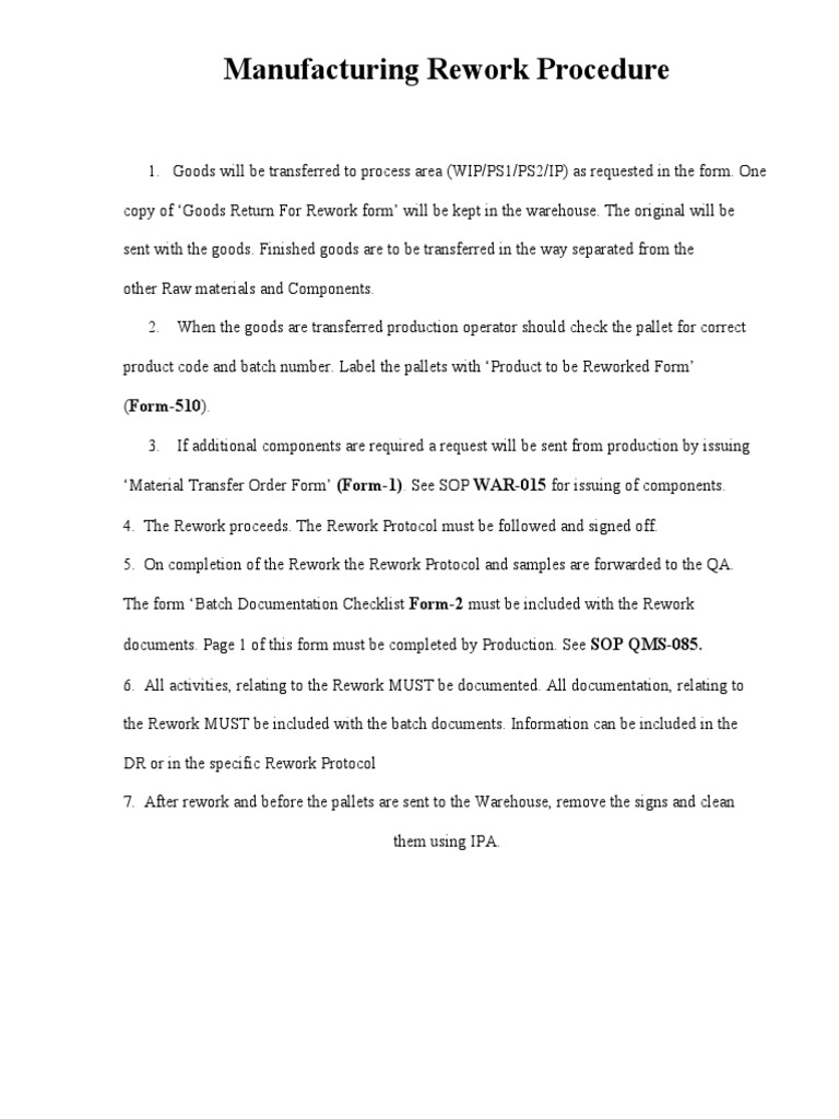 Manufacturing Rework Procedure: Form-510) | PDF | Computing | Business