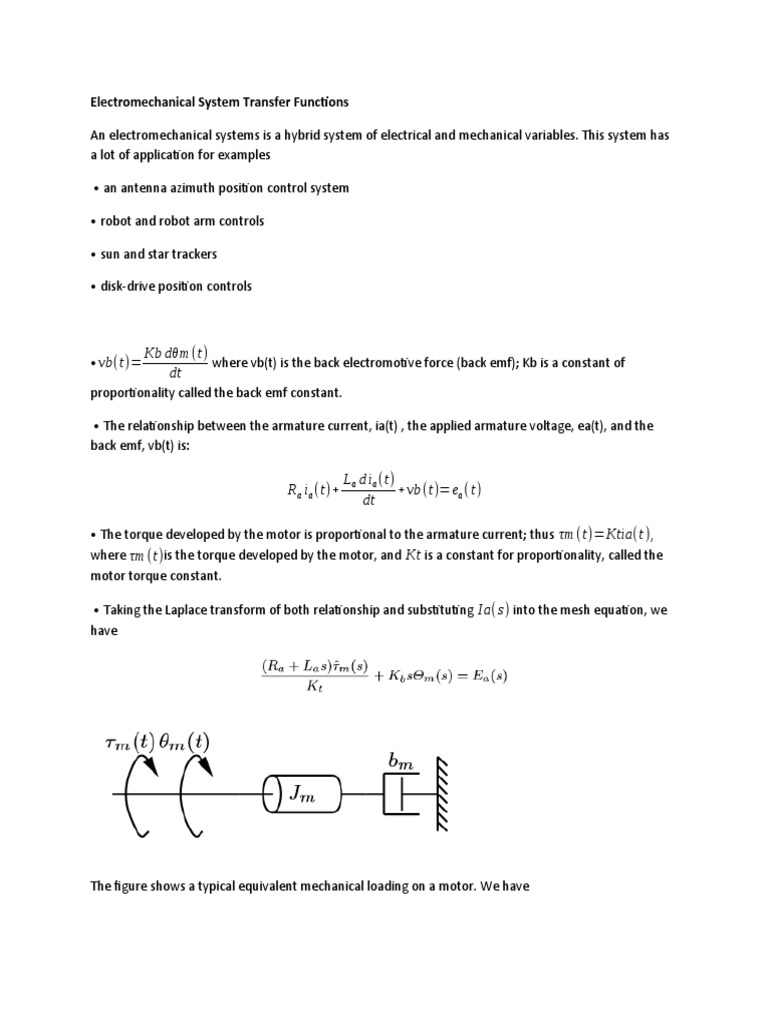 Electromechanical System Transfer Functions | PDF | Electric Motor ...