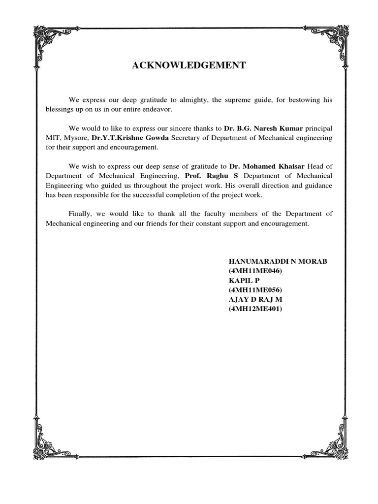 Acknowledgements for Mechanical Engineering Project | PDF