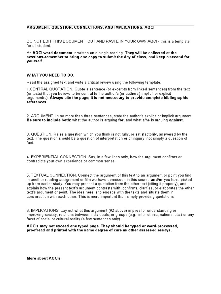AQCI Template for Critical Reviews | PDF | Argument | Question