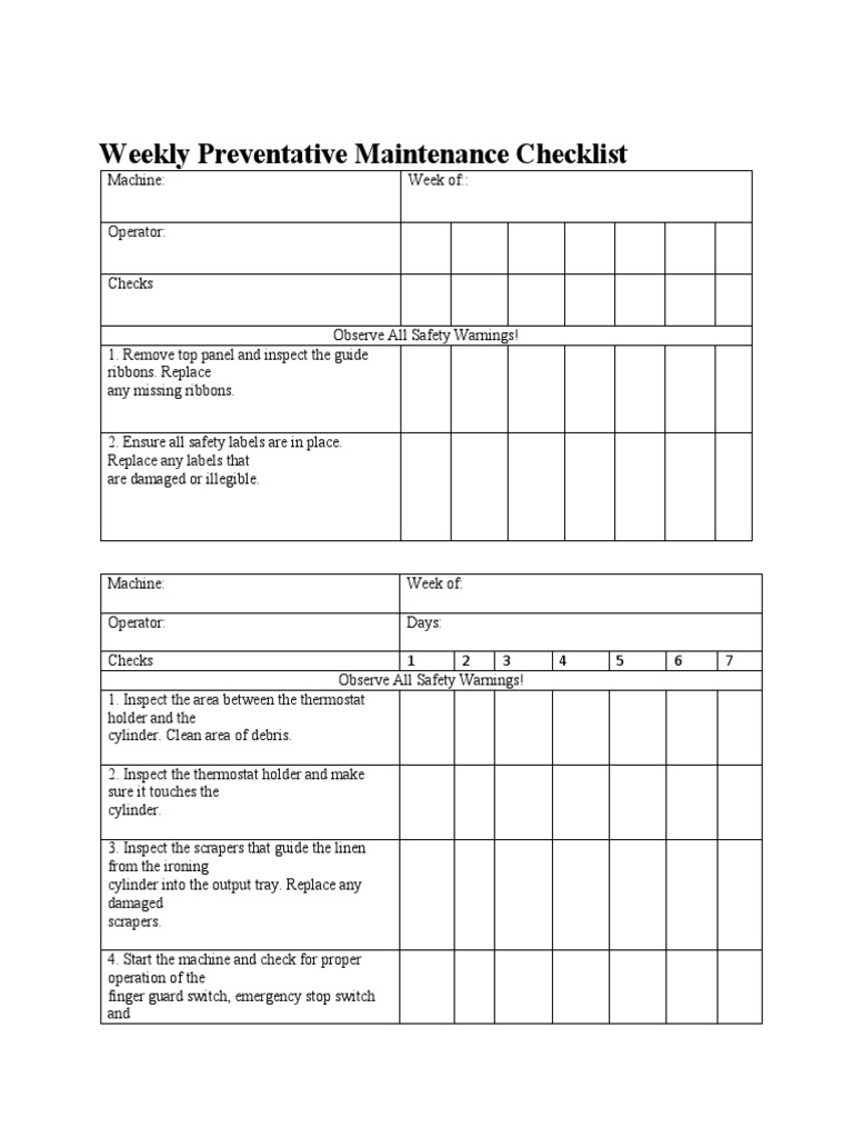 Weekly Preventative Maintenance Checklist PDF Switch Machines