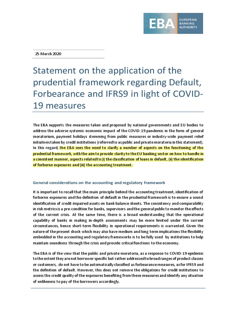 EBA Guidance on COVID-19 Loan Classification | PDF | Forbearance | Banks