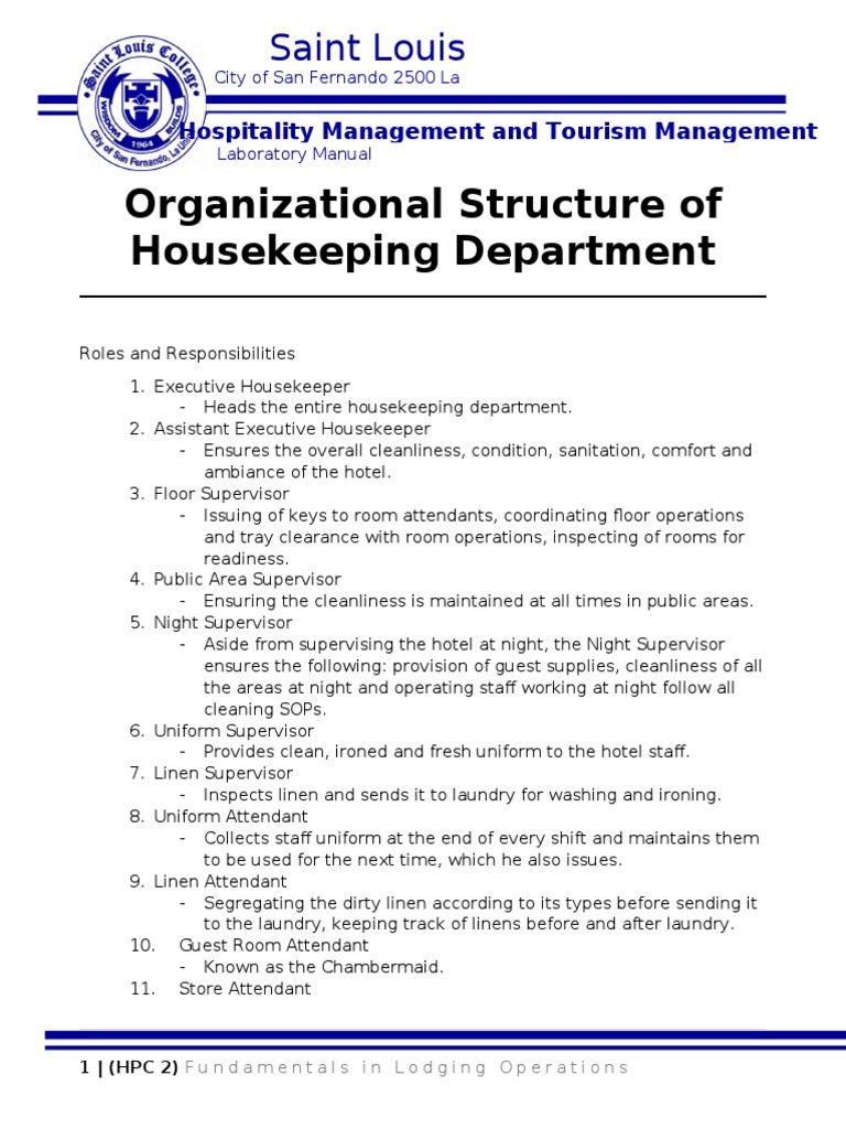 Organizational Structure of Housekeeping Department PDF Housekeeping Domestic Life