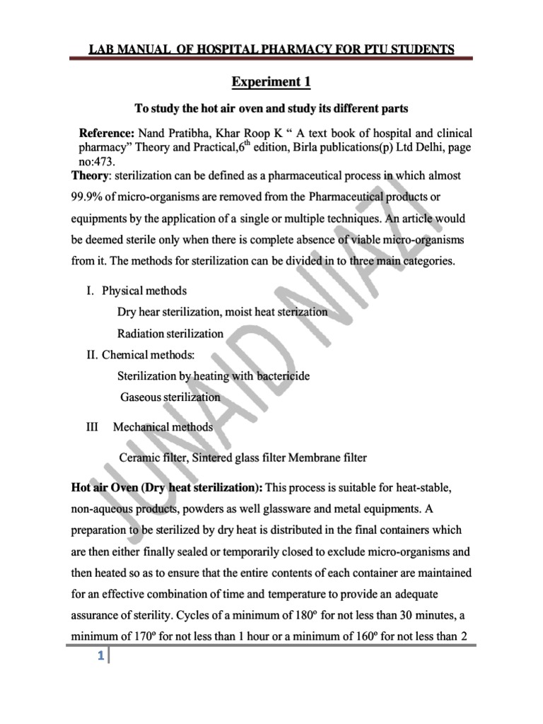 Hospital Pharmacy Lab Manual PDF Download Free PDF Sterilization