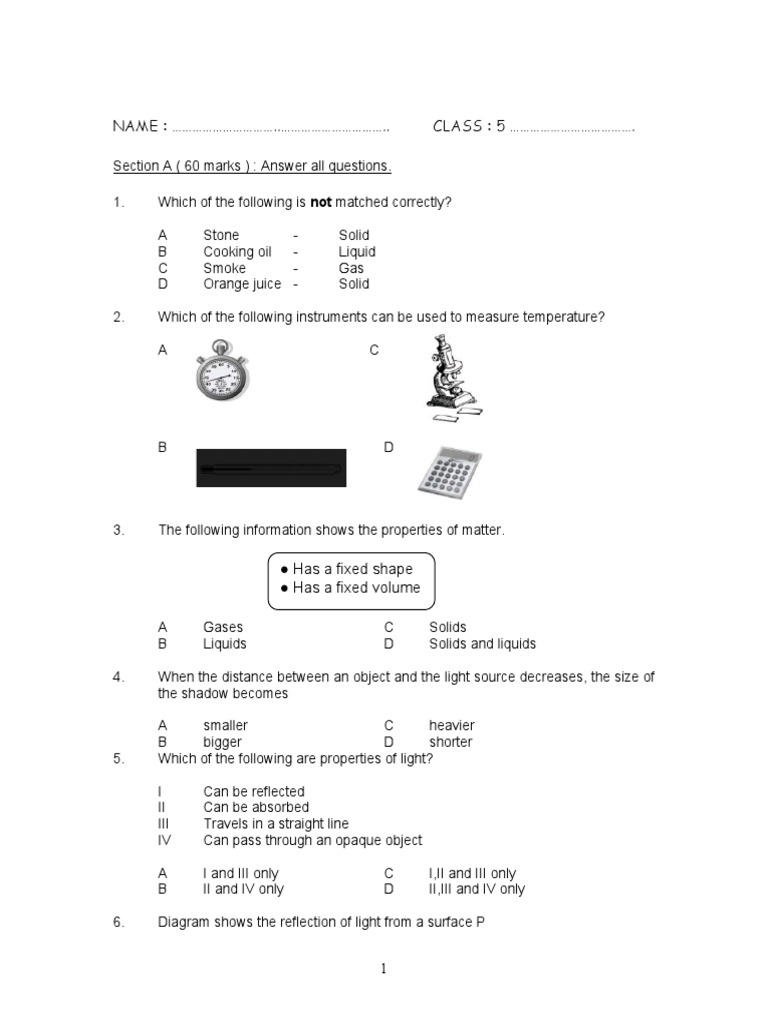 Class 5 Science Matter and Light Quiz | PDF | Ice | Liquids