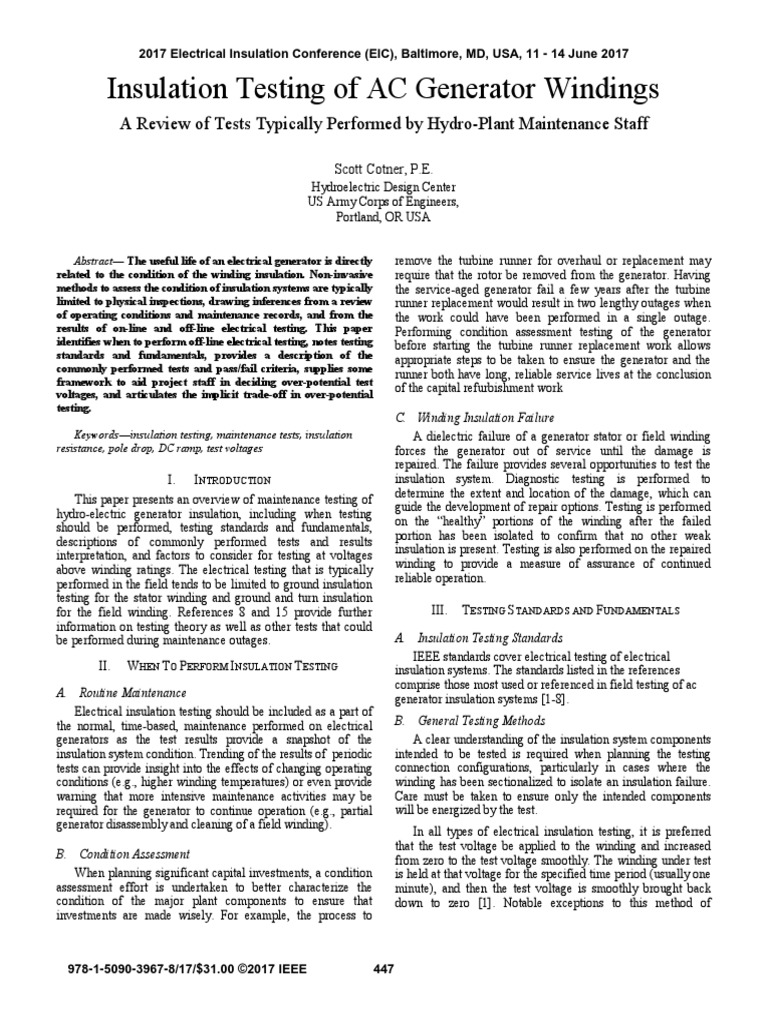 Insulator Testing of AC Generator Winding | PDF | Insulator ...
