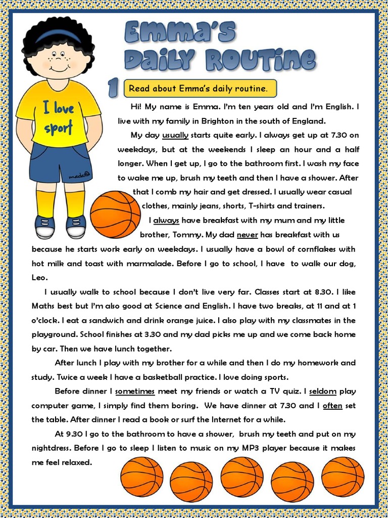 Emmas Daily Routine Reading Fun Activities Games Reading Comprehension ...