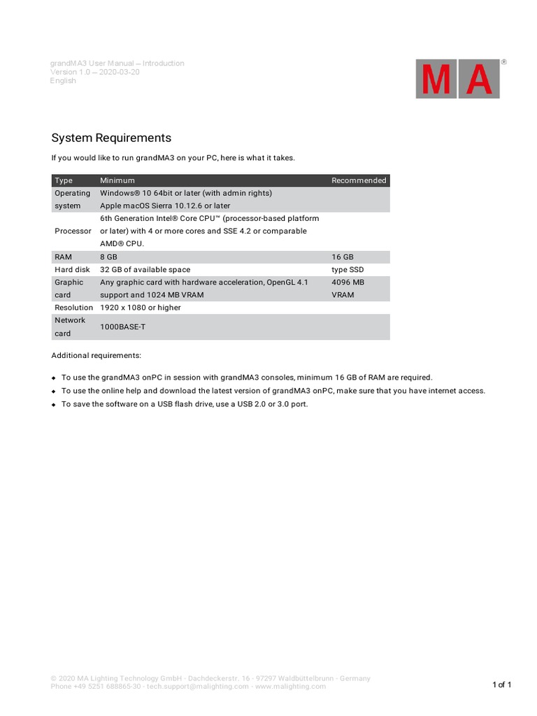 grandMA3 onPC System Requirements | PDF