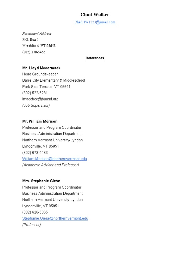 Chad Walker's Professional References List | PDF